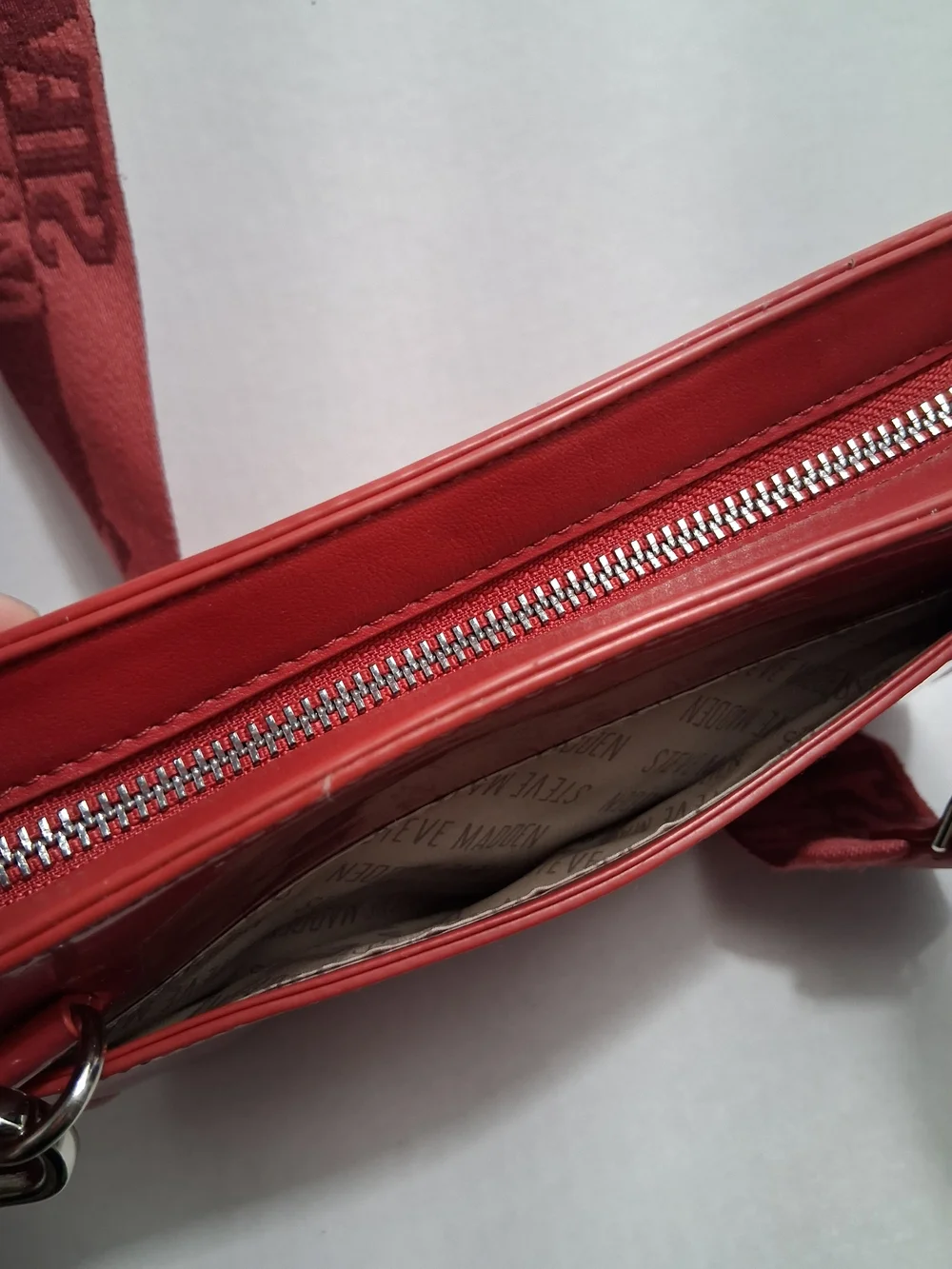 SM Logo Red Patent Messenger Bag with Branded Strap